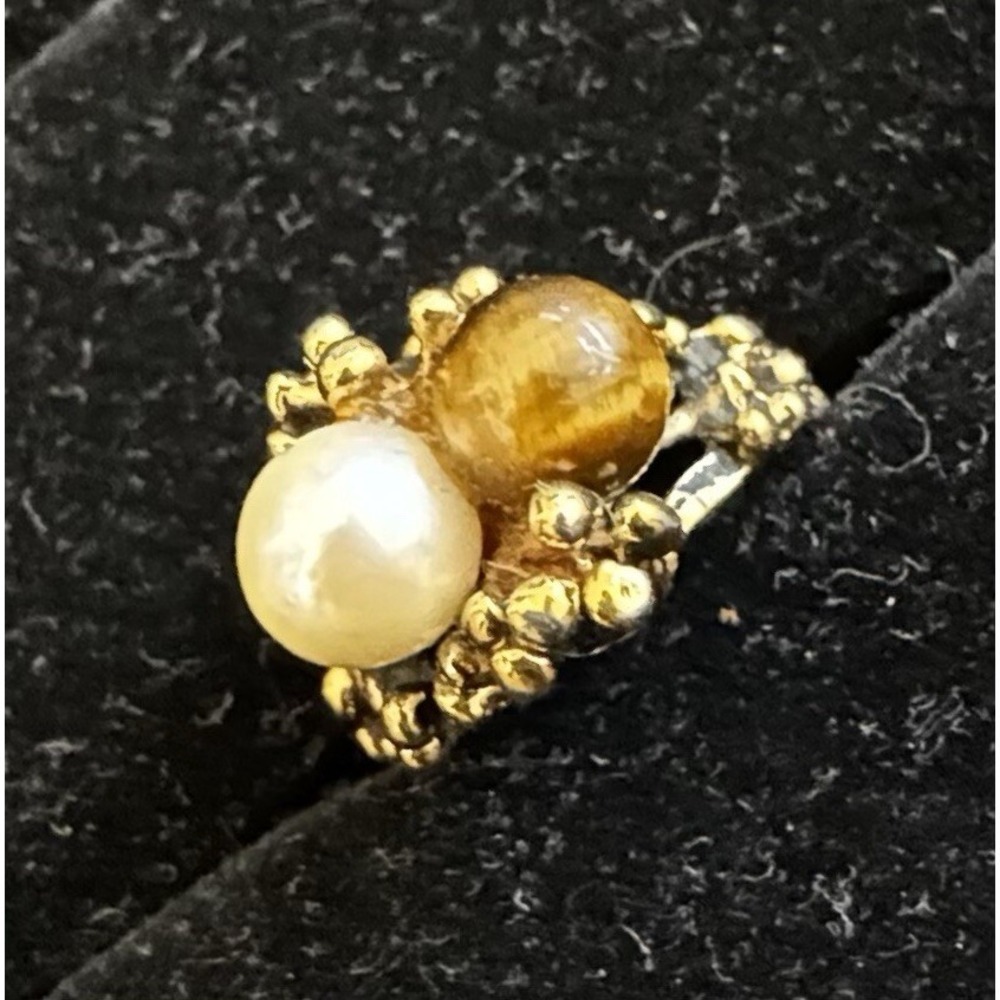 Vintage Tigers Eye Faux Pearl Ring Gold Plated Size 3.75 Grannycore 70s Chic